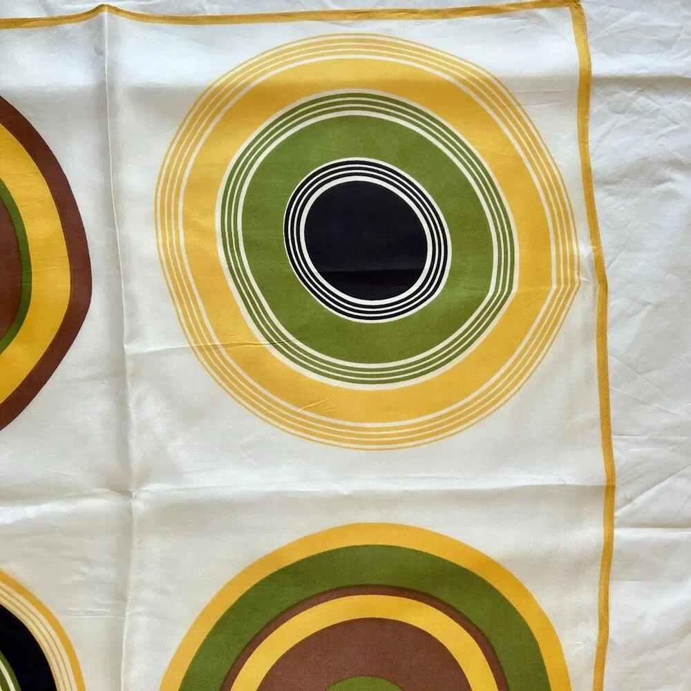 Vtg Ricardo scarf 70s geometric circles square browns, greens